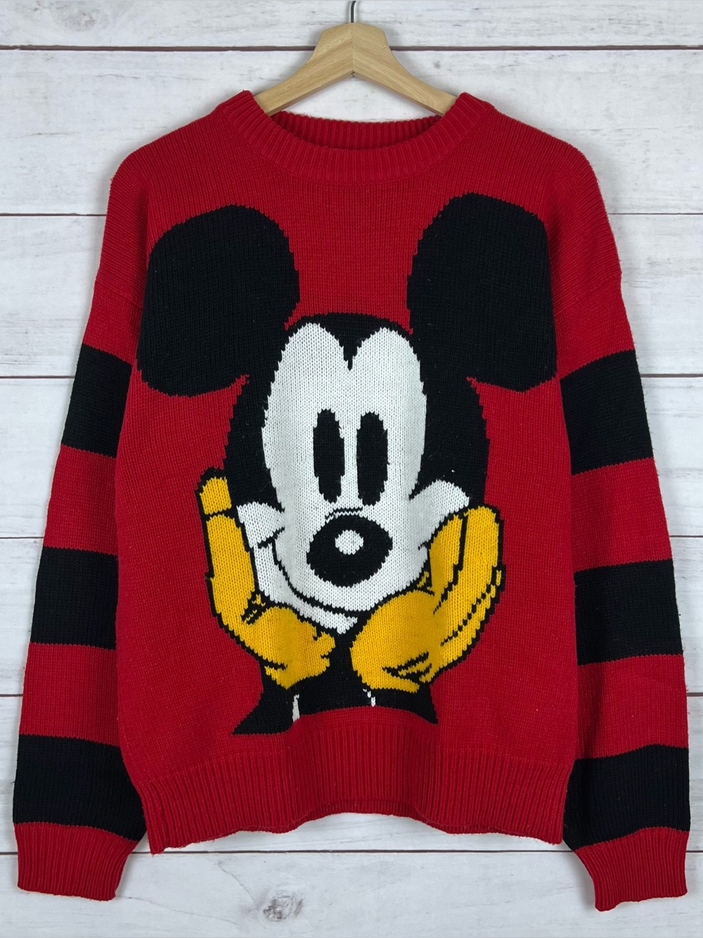 Vintage Disney Mickey Mouse Sweater Medium Red Black Stripe Knit 90s